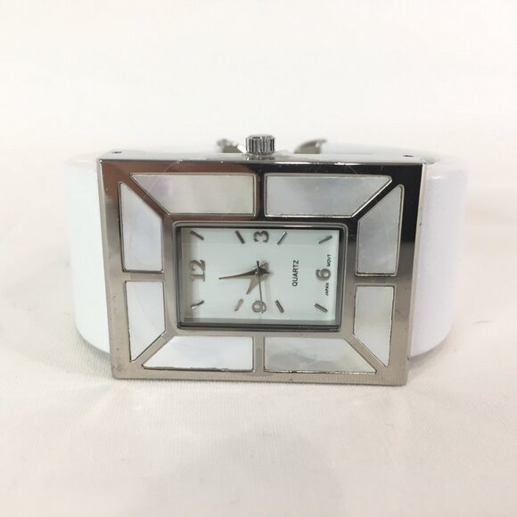 New In Box Avon Mother Of Pearl Bold White Hinged Cuff Bangle Style Analog Watch - Picture 1 of 8